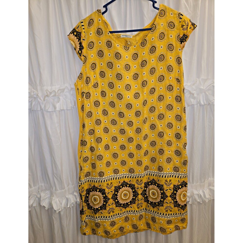 Made in Italy 100% Linen Yellow Boho Medallion Shift Dress Cap Sleeve US Size XL